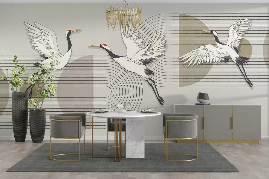 Fotobehang Drie witte kraanvogels in vlucht tegen een geometrische minimalistische achtergrond met concentrische cirkels w08188