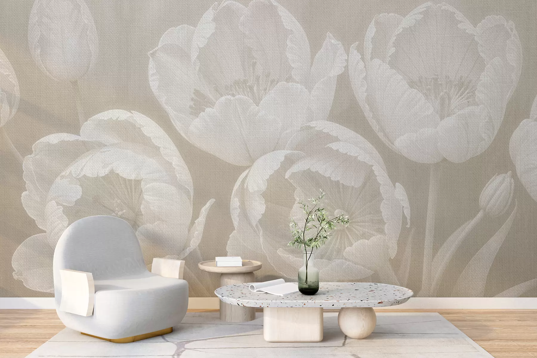 Papier peint photo Dessin de tulipes blanches avec un fond flou rose texturé doux sur toile, impression monochrome minimaliste w08193v1