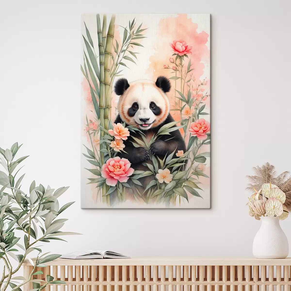  Schilderijen Panda met bloemen en bamboe s40125