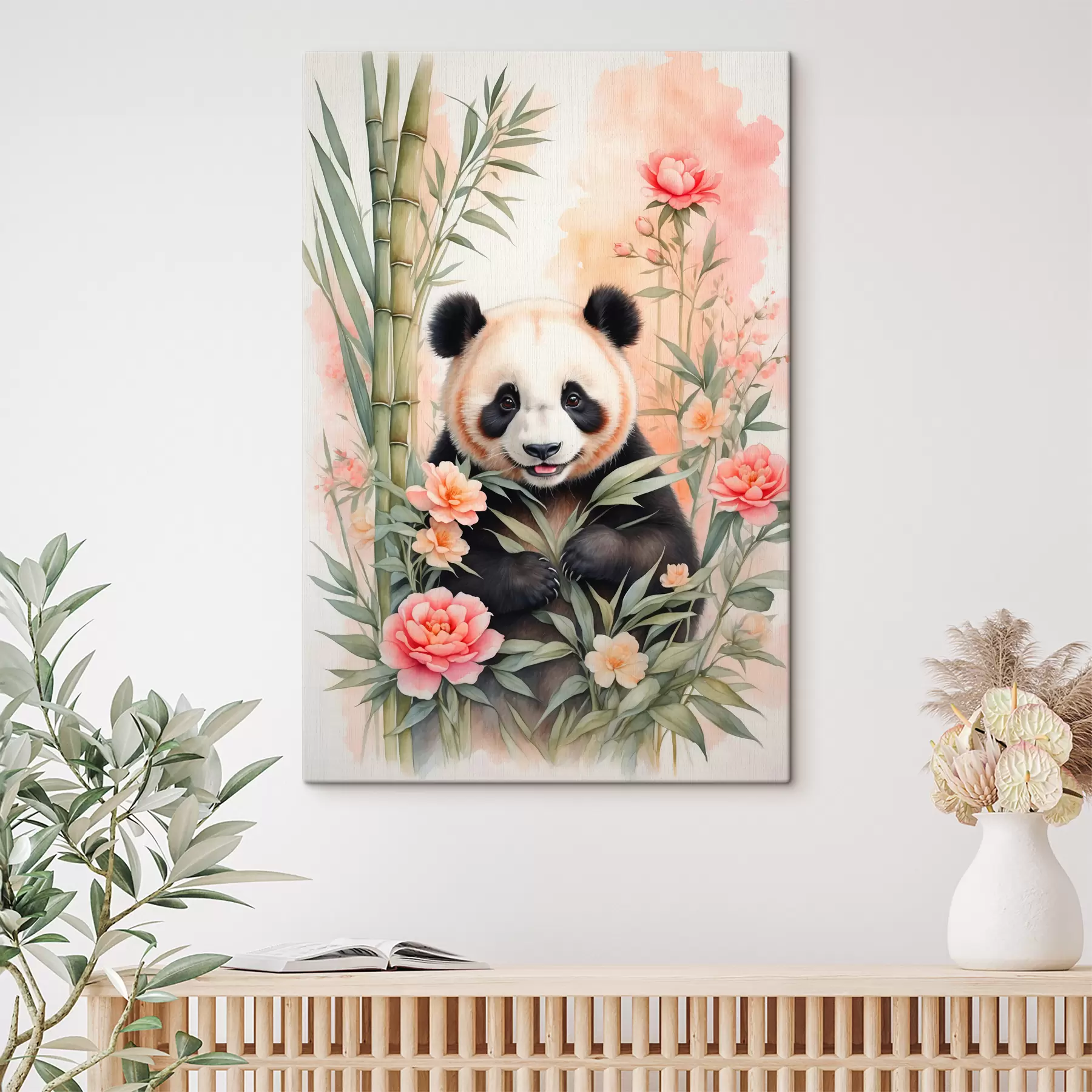 Papier peint photo Panda avec des fleurs et du bambou s40125