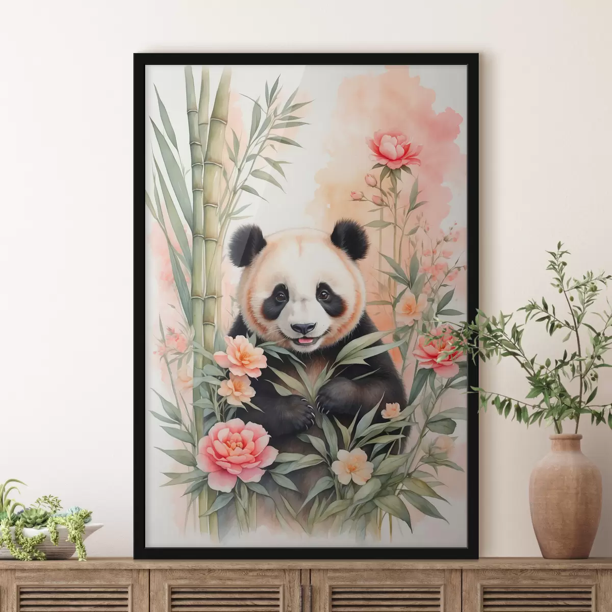 Affiche Panda avec des fleurs et du bambou f40125