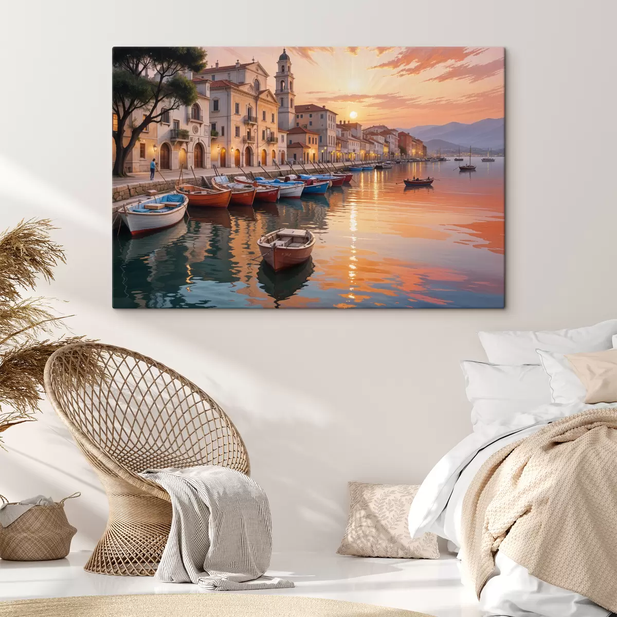  Peintures Ville côtière italienne au coucher du soleil, avec des bâtiments colorés bordant le front de mer et des bateaux flottant dans les eaux calmes s40150