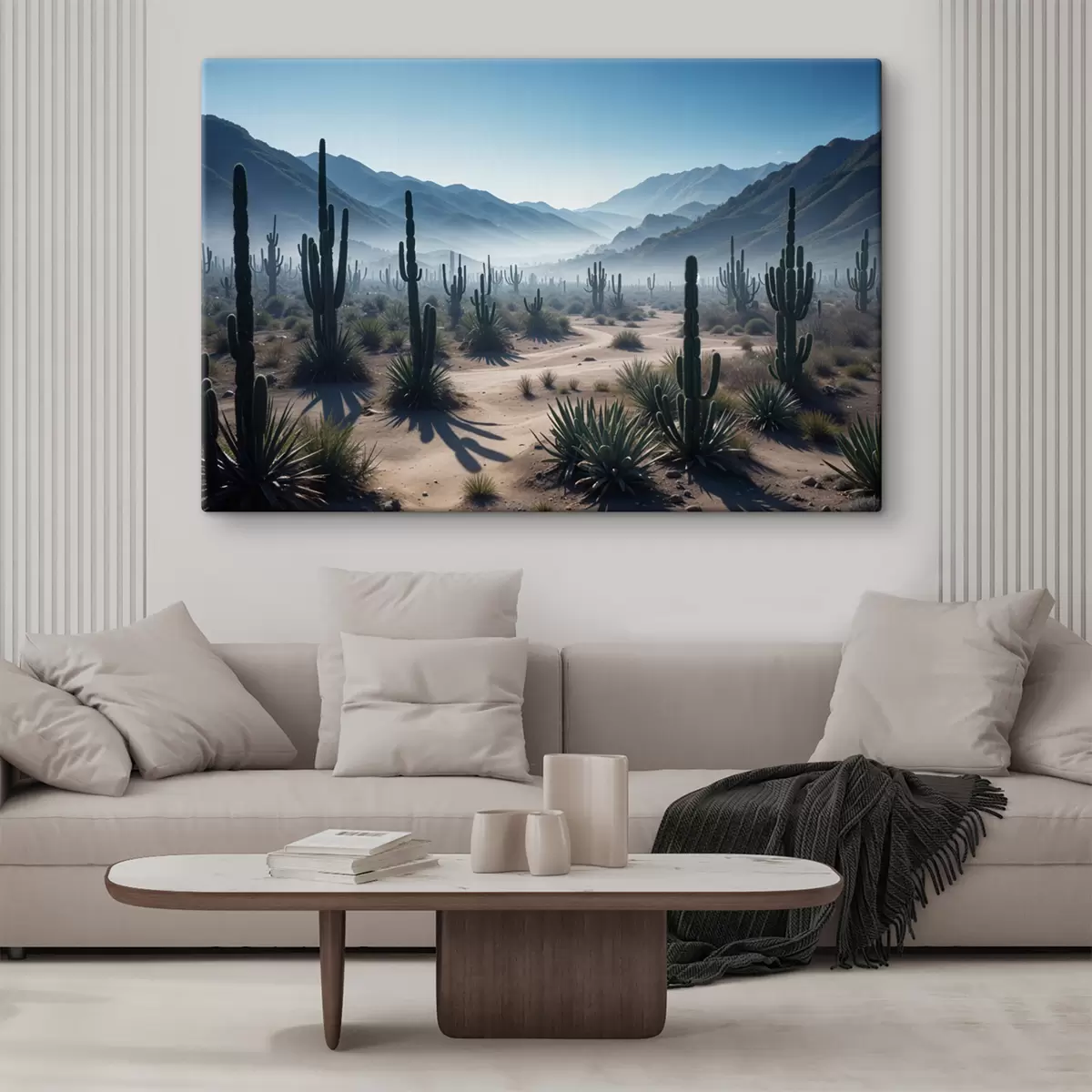  Schilderijen Een woestijnlandschap met hoge cactussen en yuccaplanten op de voorgrond, omgeven door wazige bergen s40153