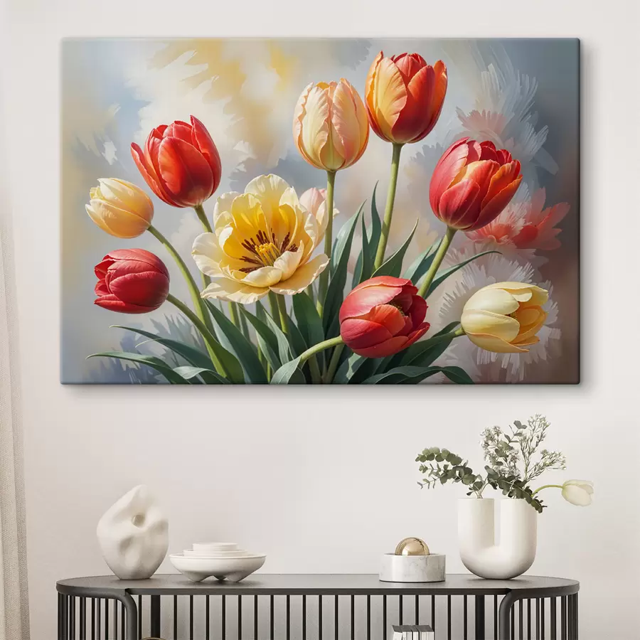  Schilderijen Kleurrijke tulpen in verschillende tinten rood, oranje en geel tegen een lichte achtergrond s40167
