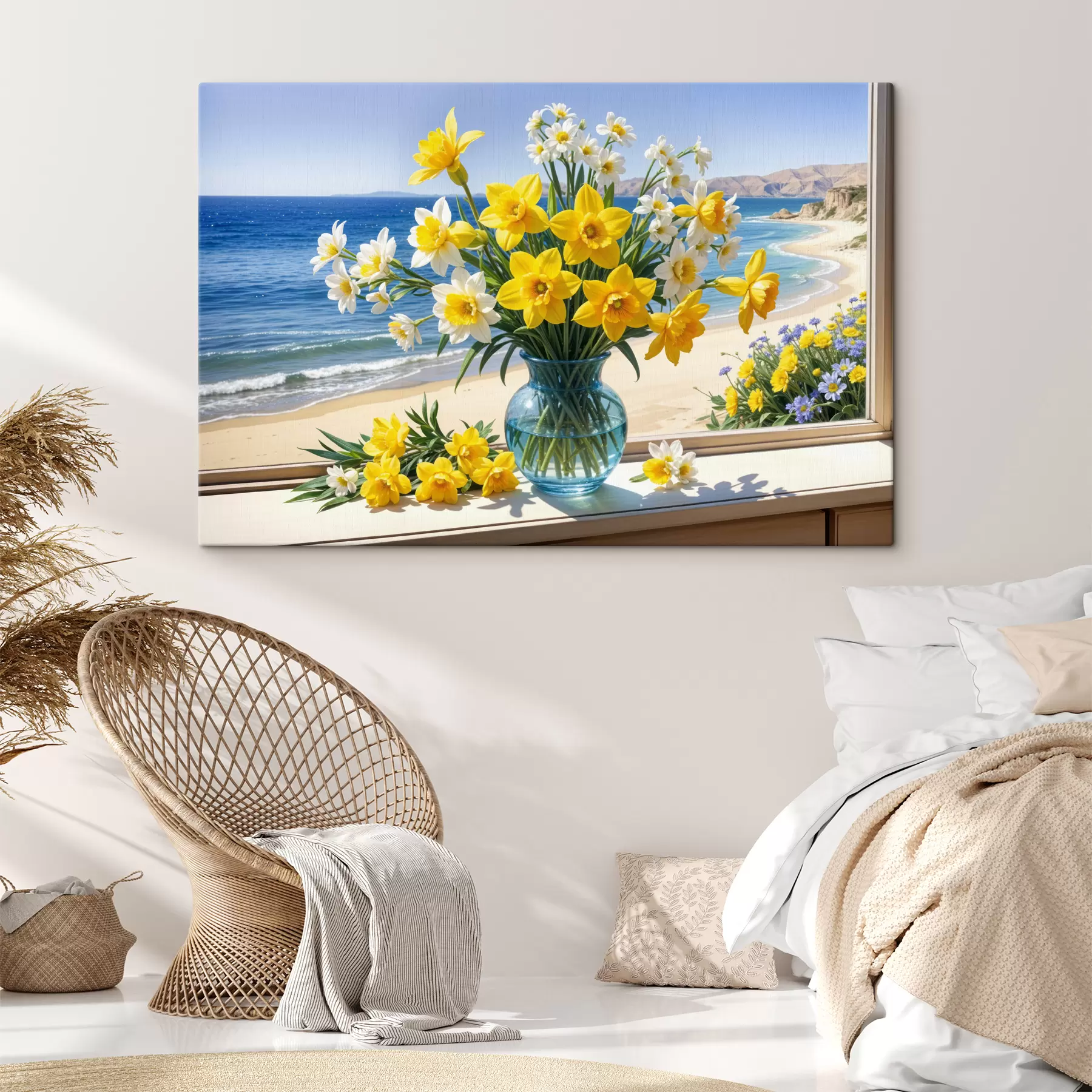  Peintures Un bouquet de jonquilles jaunes et de marguerites blanches dans un vase en verre sur un rebord de fenêtre donnant sur une plage et l'océan s40171