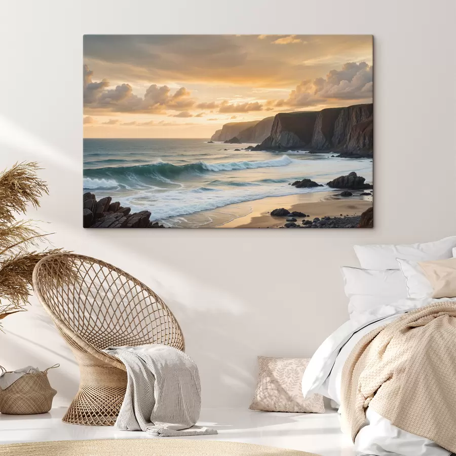  Peintures Un paysage côtier pittoresque avec des falaises spectaculaires, des vagues déferlantes et un ciel de coucher de soleil coloré s40176
