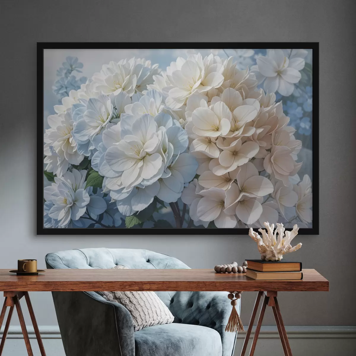 Poster Zachte, pastelkleurige dahliabloemen met delicate bloemblaadjes die bloeien tegen een wazige achtergrond f40146