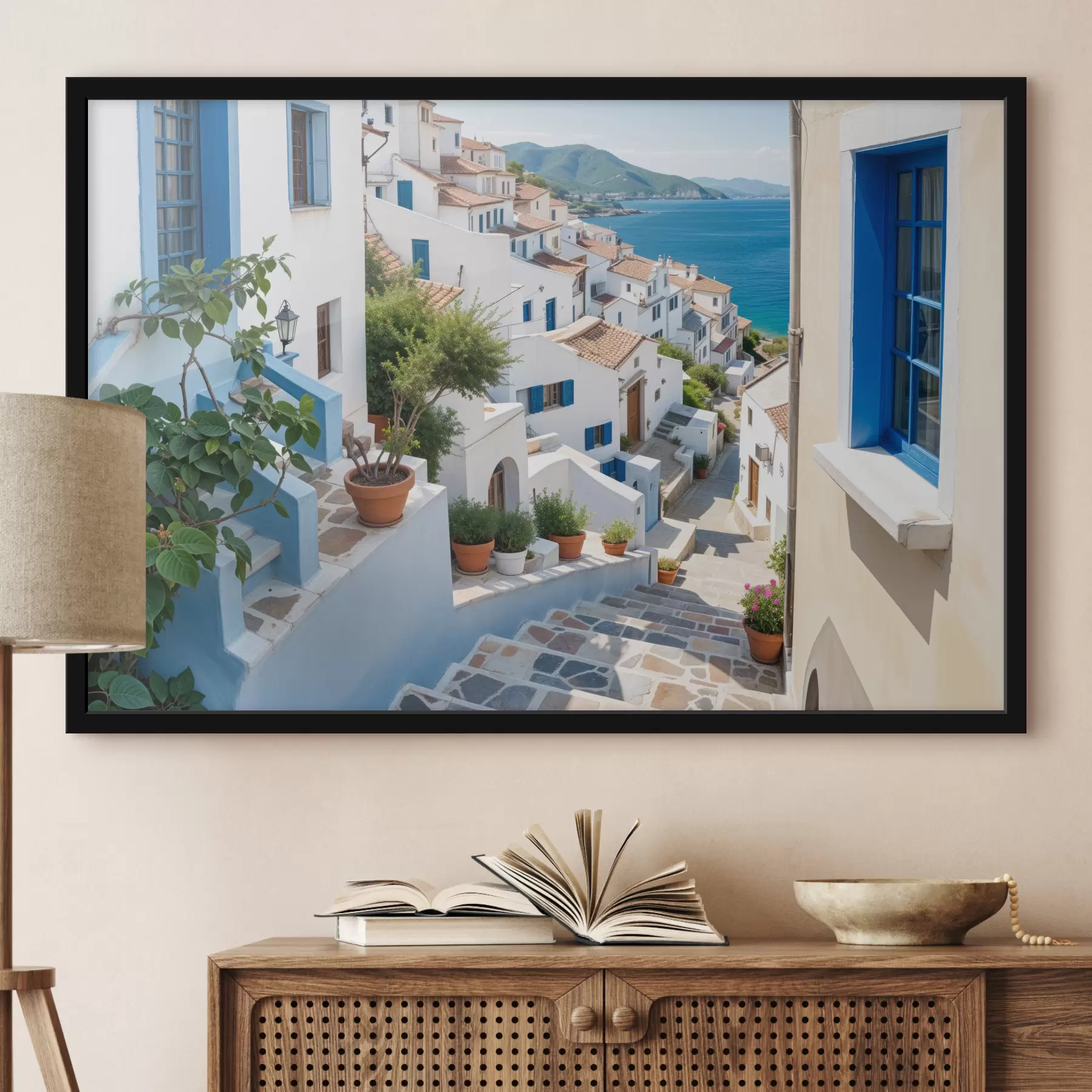 Fotobehang Een pittoresk kustplaatsje met witte gebouwen, blauwe ramen en potplanten langs de smalle straatjes f40148