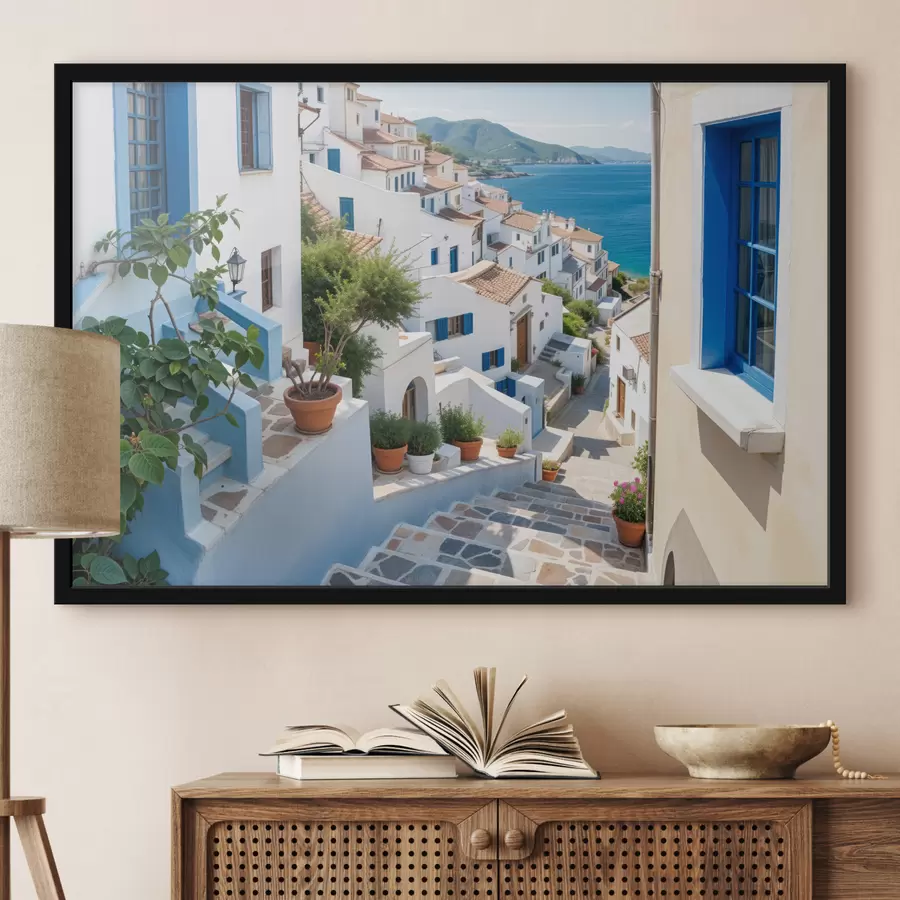 Papier peint photo Une ville côtière pittoresque avec des bâtiments blancs, des fenêtres bleues et des plantes en pot bordant les rues étroites f40148
