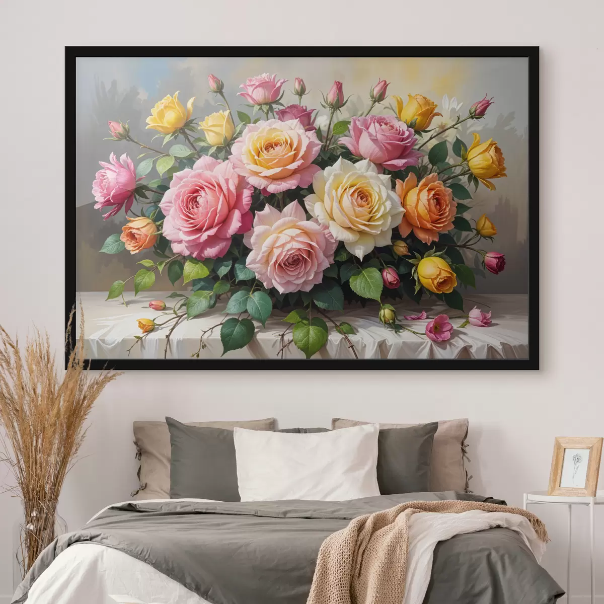 Affiche Un bouquet de roses colorées dans différentes nuances de rose, de jaune et d'orange, disposé avec des feuilles vertes f40149