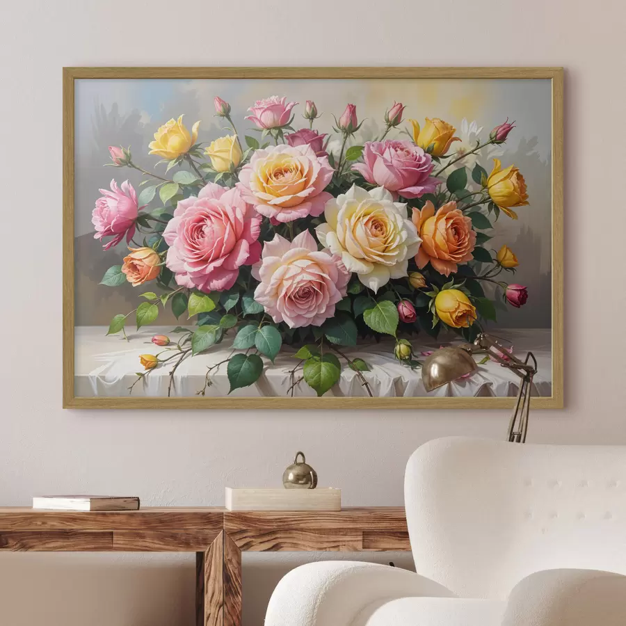Papier peint photo Un bouquet de roses colorées dans différentes nuances de rose, de jaune et d'orange, disposé avec des feuilles vertes f40149