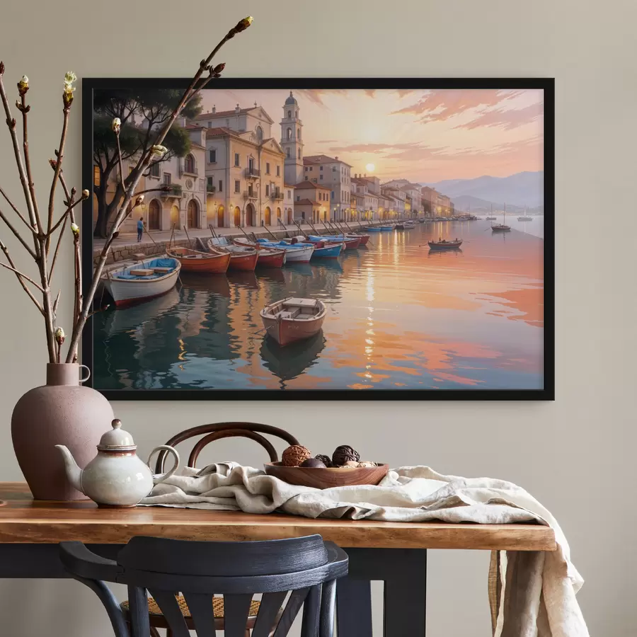 Papier peint photo Ville côtière italienne au coucher du soleil, avec des bâtiments colorés bordant le front de mer et des bateaux flottant dans les eaux calmes f40150