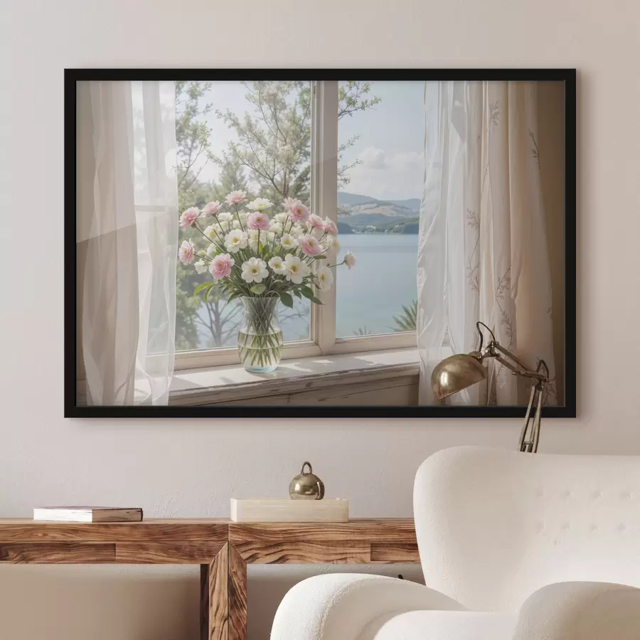 Papier peint photo Un bouquet de fleurs roses et blanches dans un vase en verre placé sur un rebord de fenêtre, avec un lac et des montagnes pittoresques f40151