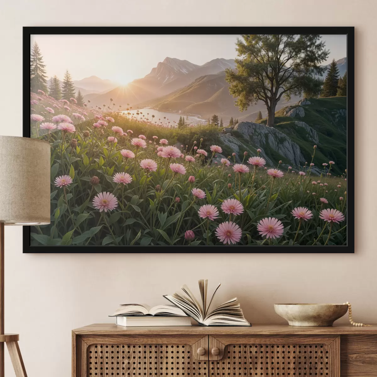 Affiche Un champ de fleurs roses ressemblant à des marguerites au premier plan, avec une grande chaîne de montagnes en arrière-plan f40154