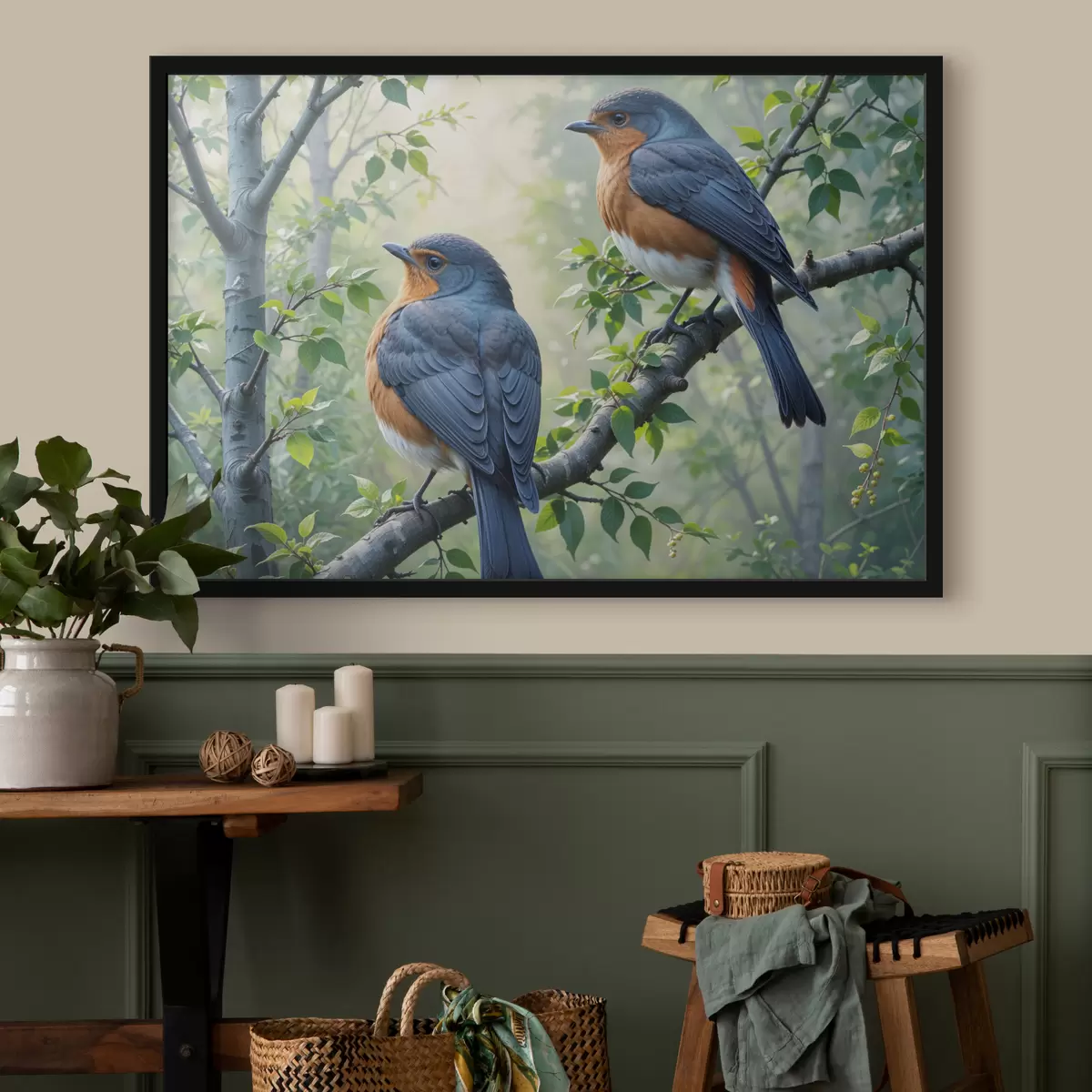 Affiche Deux oiseaux bleus et orange perchés sur une branche d'arbre avec des feuilles vertes en arrière-plan f40156