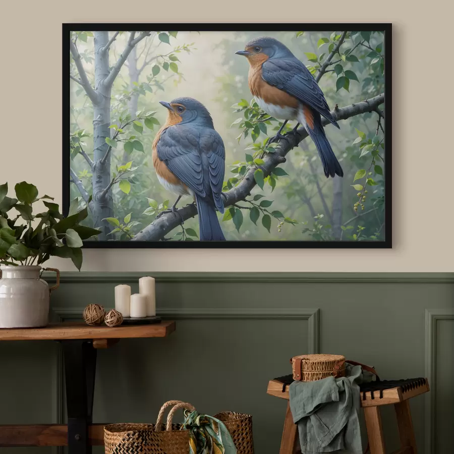 Papier peint photo Deux oiseaux bleus et orange perchés sur une branche d'arbre avec des feuilles vertes en arrière-plan f40156