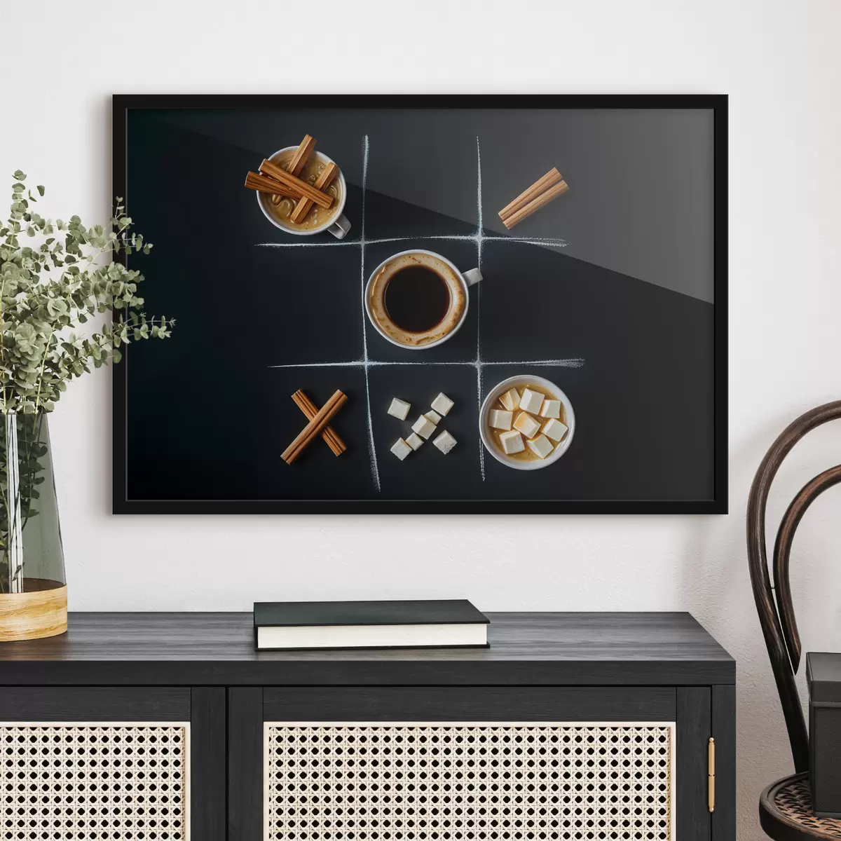 Affiche Une tasse de café avec des bâtons de cannelle, des morceaux de sucre et des guimauves disposés dans une grille de morpion f40163