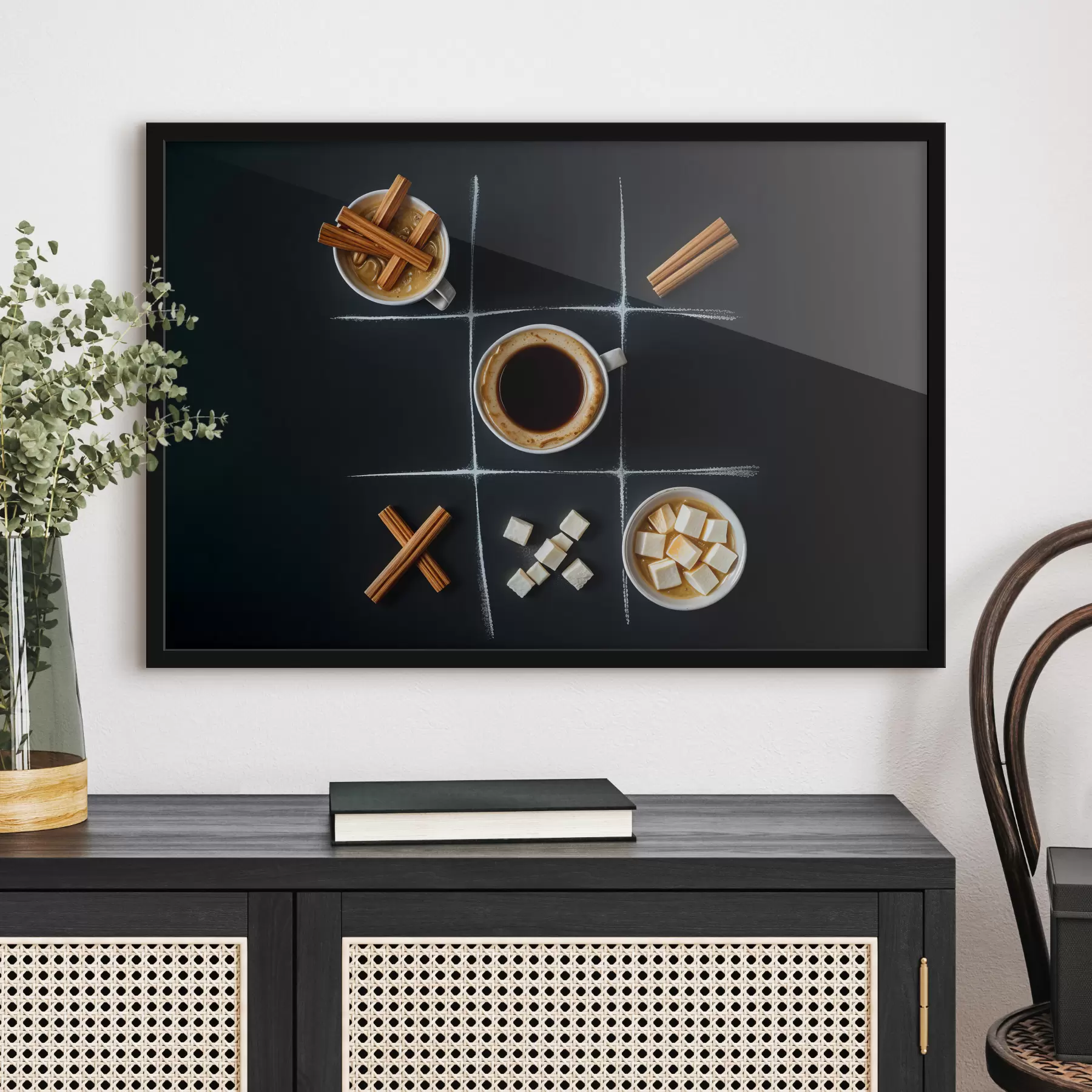 Papier peint photo Une tasse de café avec des bâtons de cannelle, des morceaux de sucre et des guimauves disposés dans une grille de morpion f40163