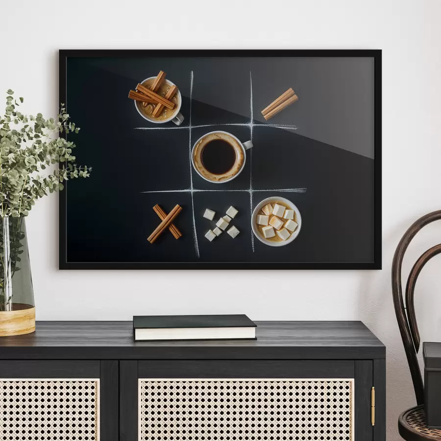 Papier peint photo Une tasse de café avec des bâtons de cannelle, des morceaux de sucre et des guimauves disposés dans une grille de morpion f40163