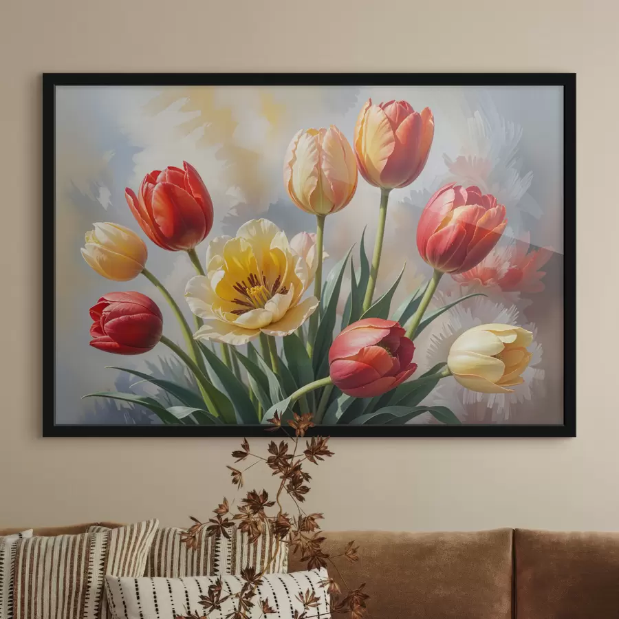 Schilderijen Kleurrijke tulpen in verschillende tinten rood, oranje en geel tegen een lichte achtergrond f40167