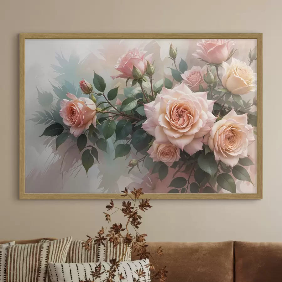 Papier peint photo Un bouquet de belles roses roses avec des feuilles vertes sur un fond doux et flou f40168