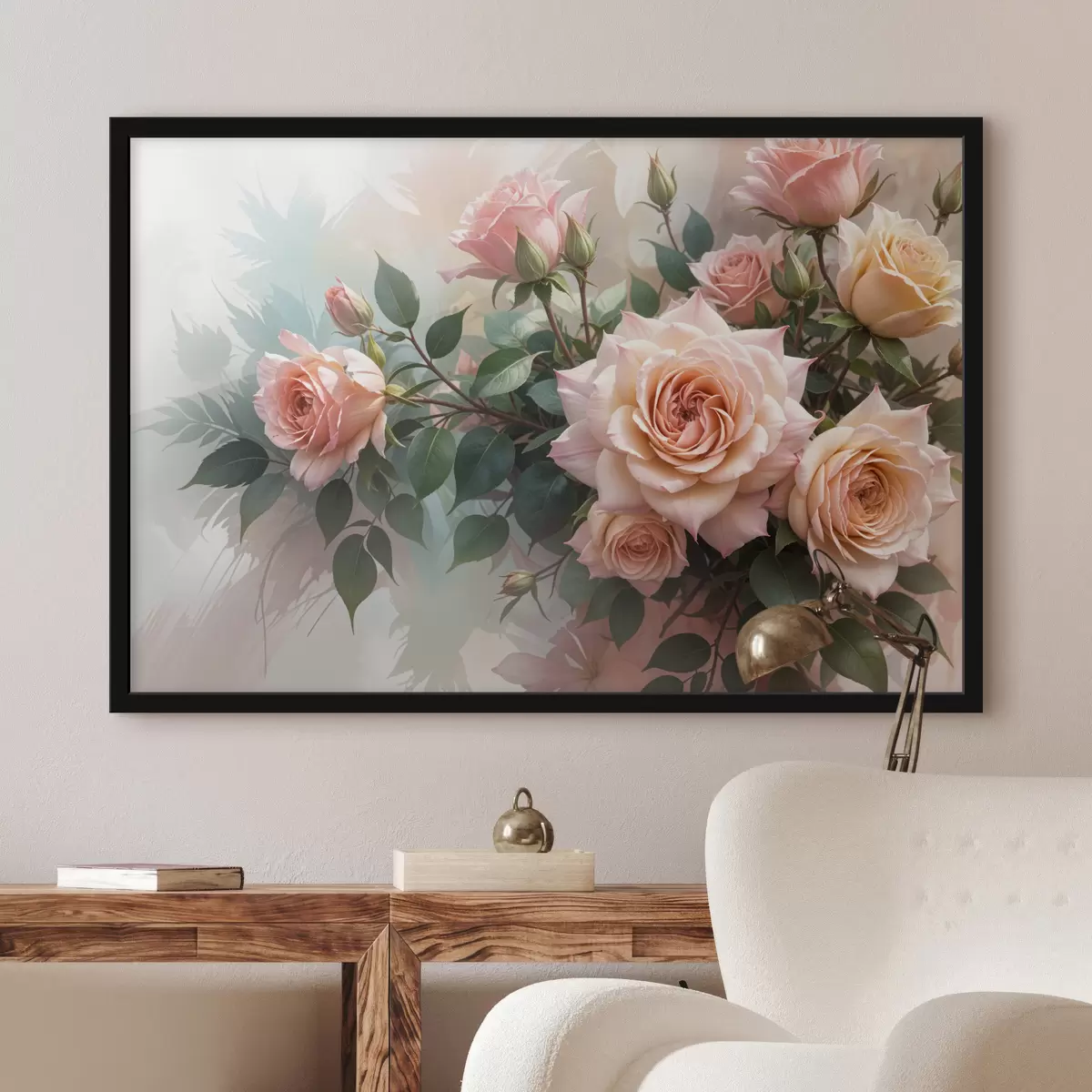 Affiche Un bouquet de belles roses roses avec des feuilles vertes sur un fond doux et flou f40168