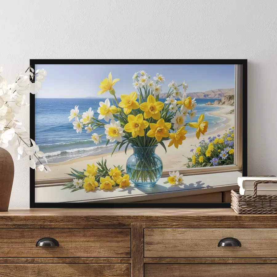 Fotobehang Een boeket gele narcissen en witte madeliefjes in een glazen vaas op een vensterbank met uitzicht op het strand en de oceaan f40171