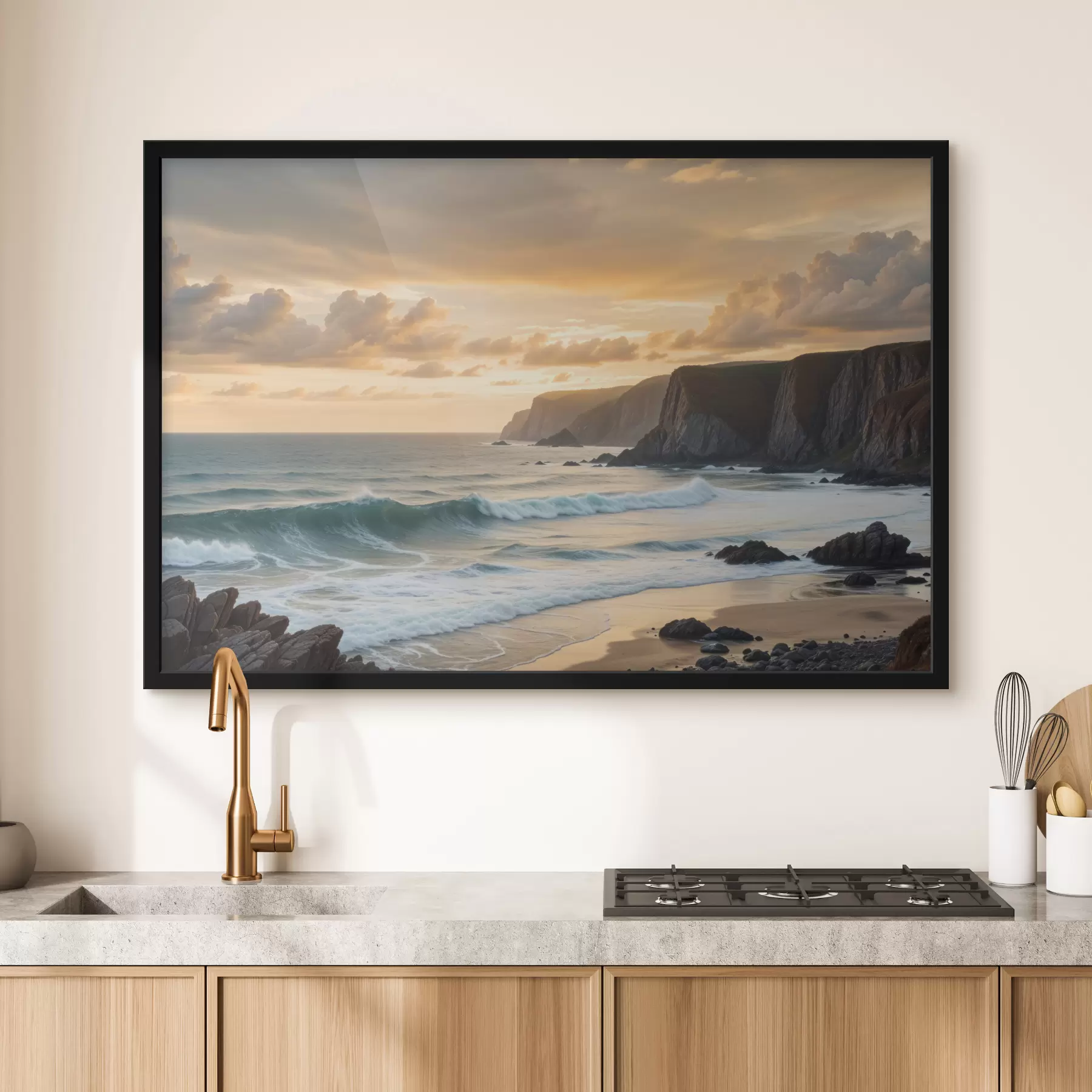 Fotobehang Een schilderachtig kustlandschap met dramatische kliffen, beukende golven en een kleurrijke zonsonderganghemel f40176