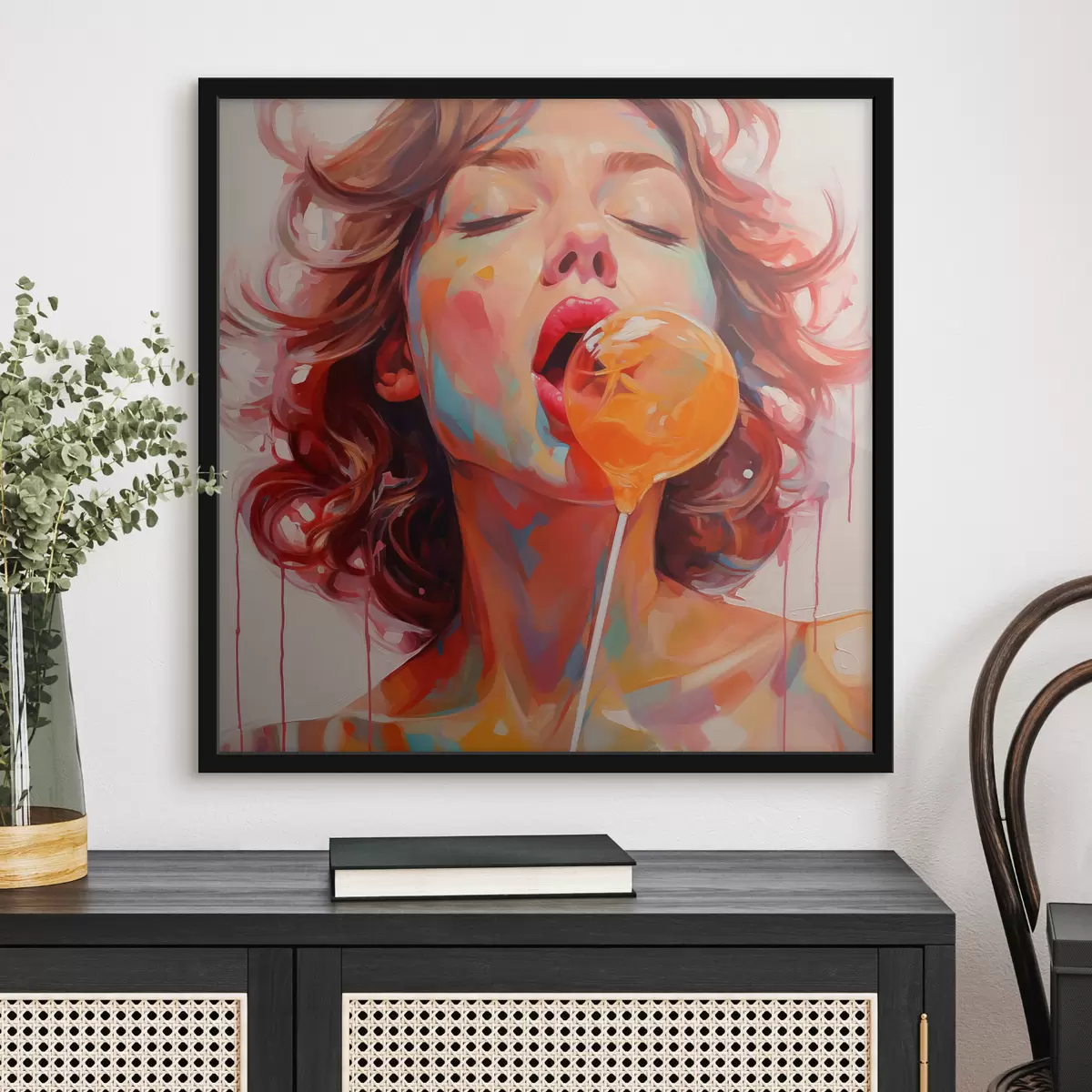 Poster Een meisje met krullend haar in lichte kleuren likt aan een lolly f40213