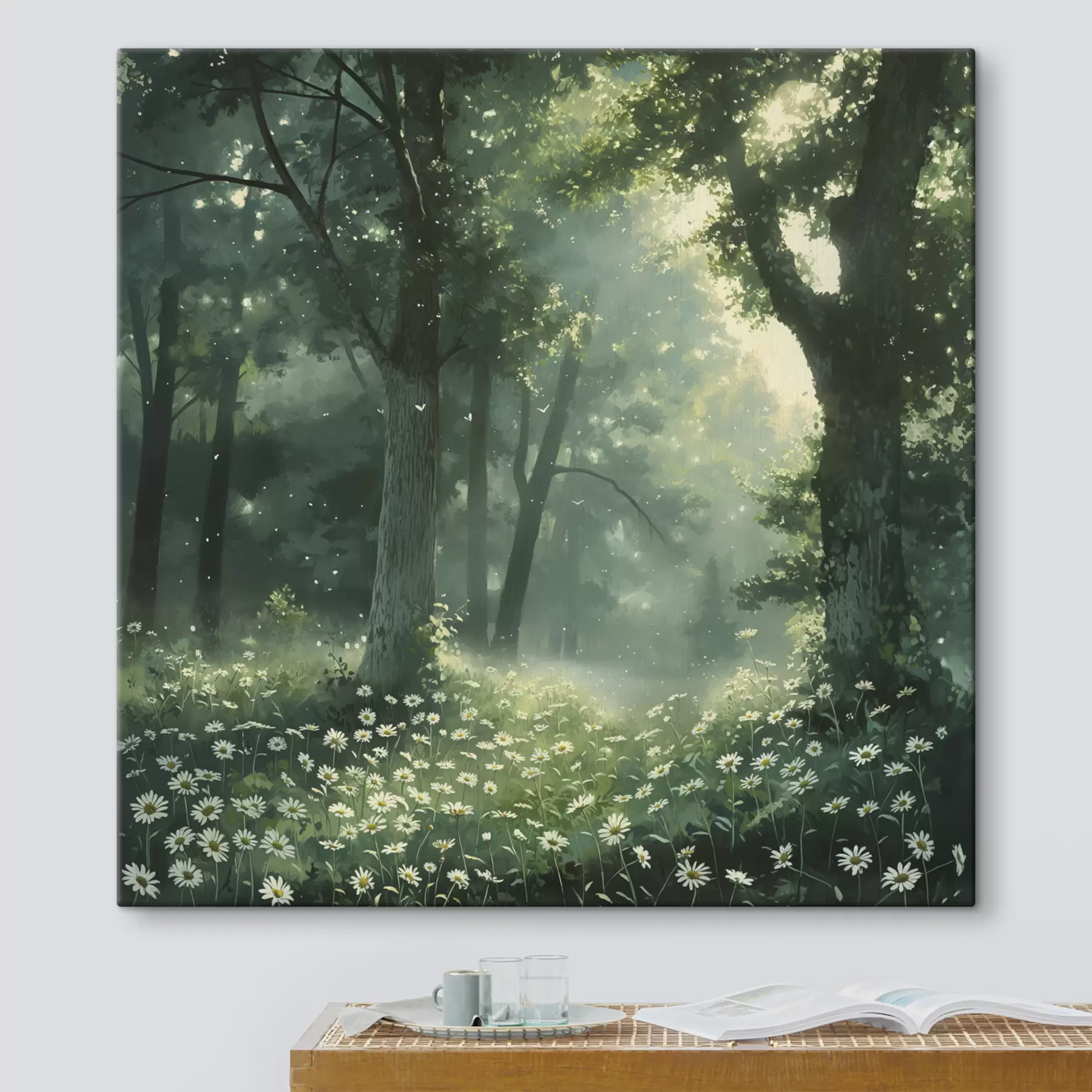 Fotobehang Dicht bos met zonlicht in de bomen, kamillebloemen, groen gras, natuur s40224