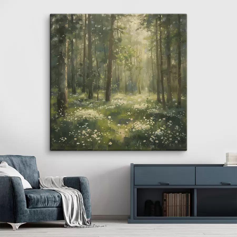  Schilderijen Bos met zonlicht in de bomen, kamillebloemen, groen gras, acryltekening s40226