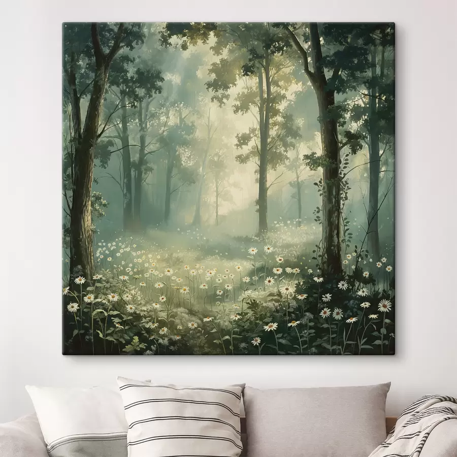  Schilderijen Bos met zacht zonlicht, kamillebloemen, bomen, groen gras, acryltekening s40228