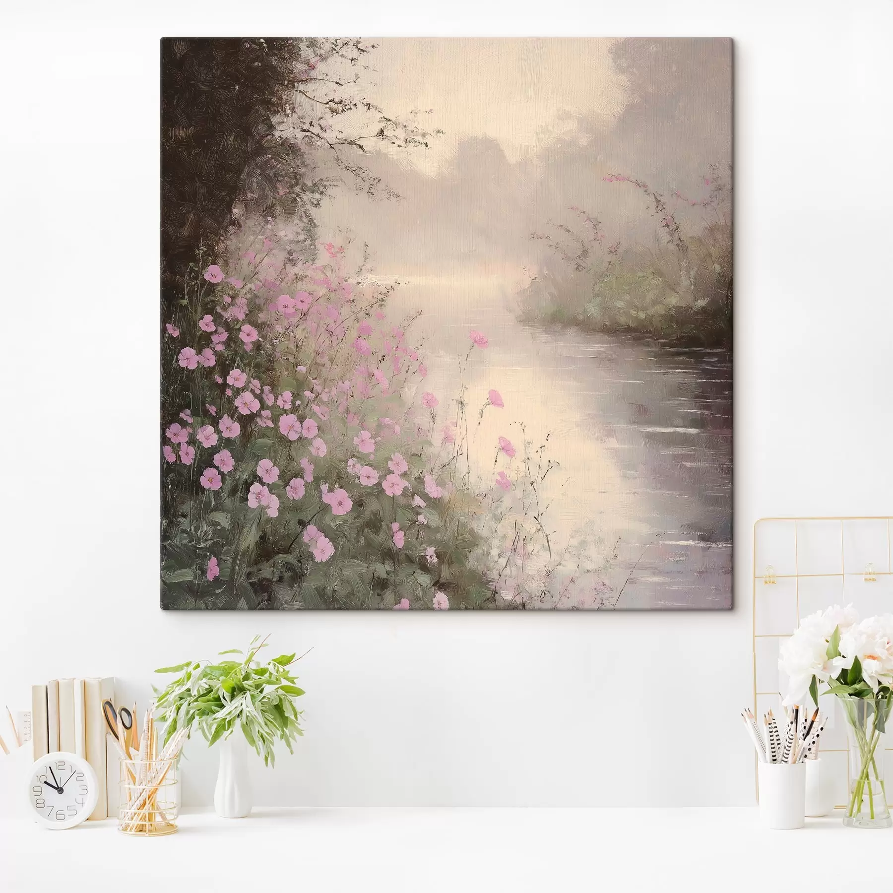 Fotobehang Meer met roze bloemen, zonsopgang, olieverftekening, pastelbeige kleuren, mist s40229