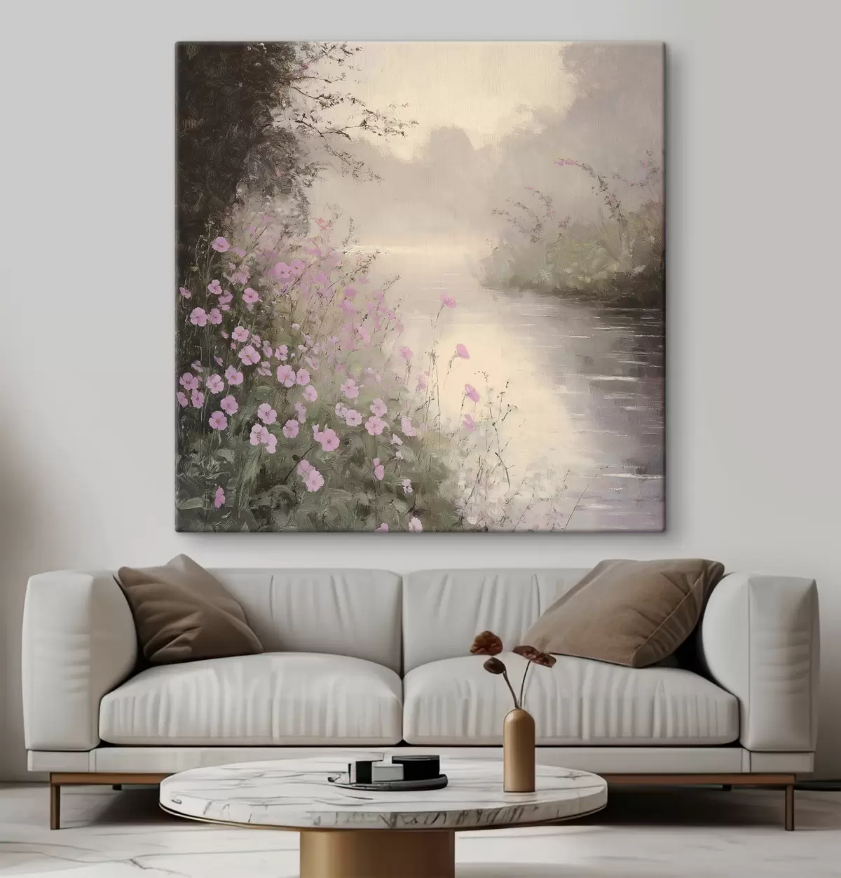  Peintures Lac aux fleurs roses, lever de soleil, dessin à l'huile, couleurs beige pastel, brume s40229