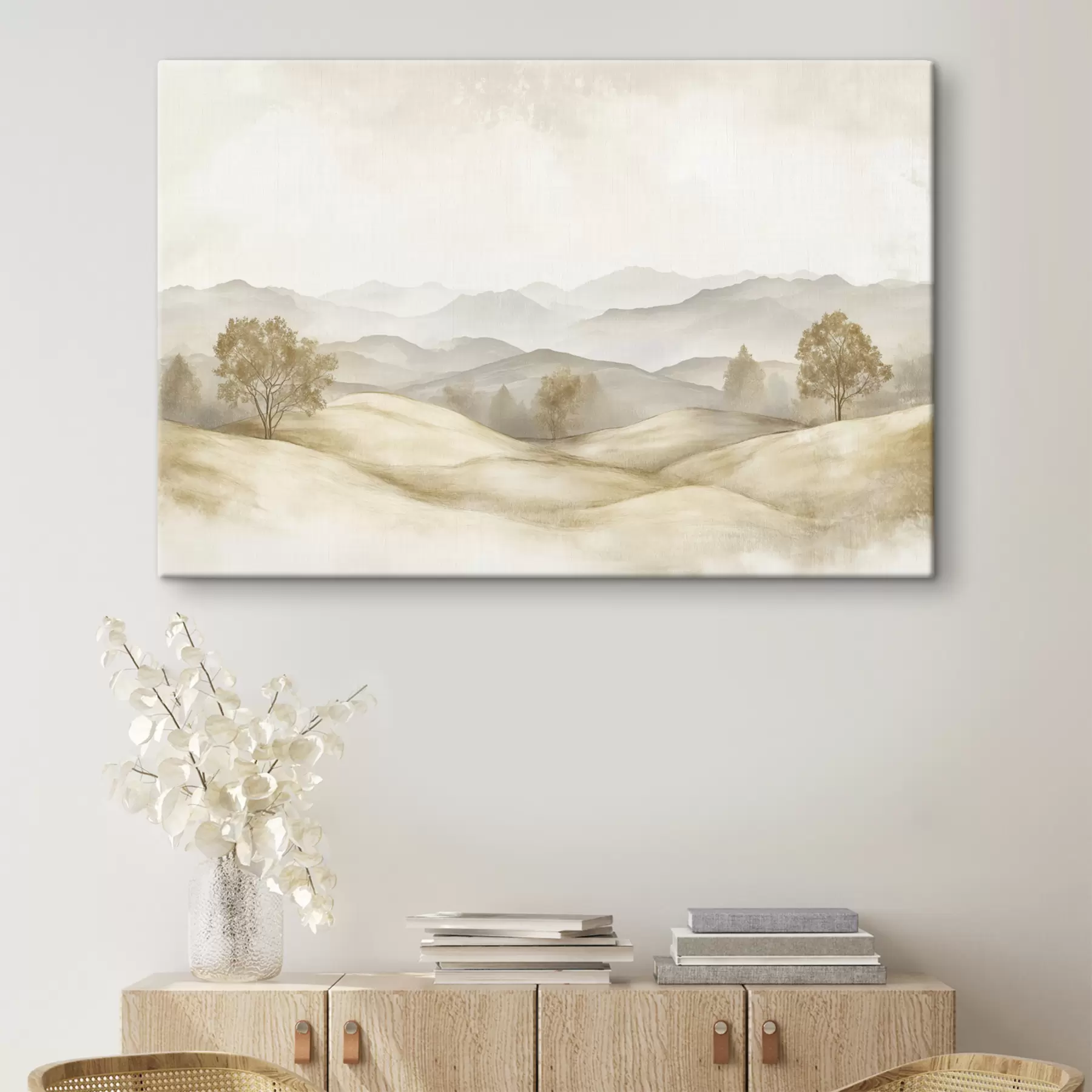  Schilderijen Natuurlandschap in beige kleurenpalet, weide, bomen, aquareltekening s40231