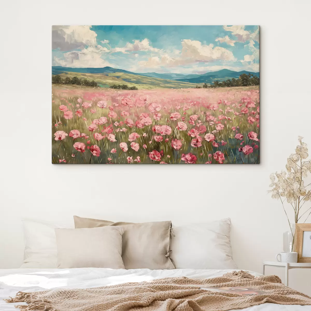  Schilderijen Weide met roze bloemen, bergen, natuurlandschap, blauwe lucht met wolken, acryl s40232