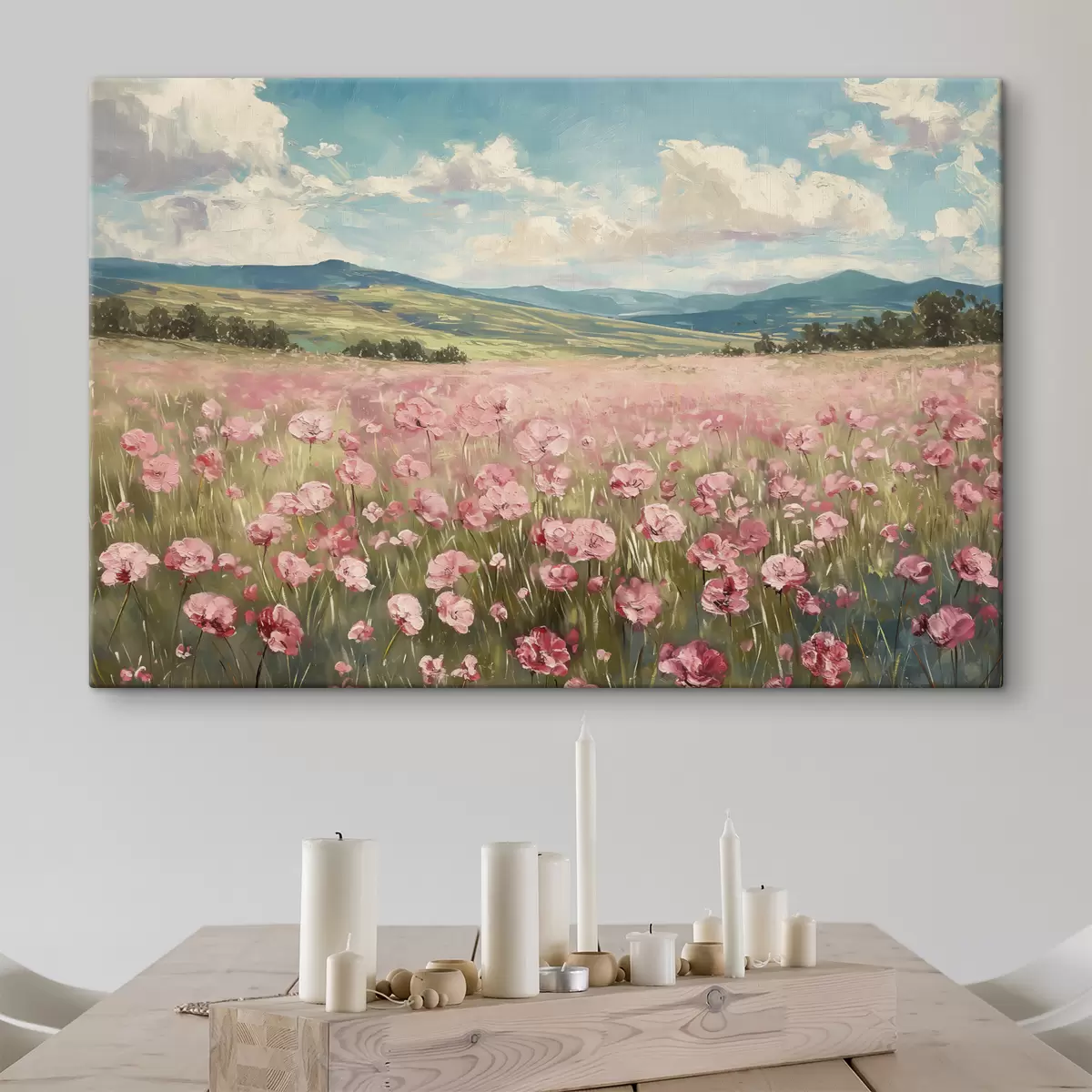  Schilderijen Weide met roze bloemen, bergen, natuurlandschap, blauwe lucht met wolken, acryl s40232