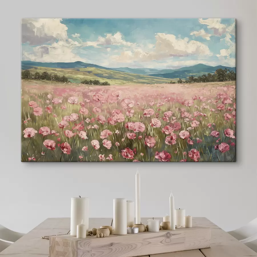  Peintures Prairie avec des fleurs roses, montagnes, paysage naturel, ciel bleu avec des nuages, acrylique s40232