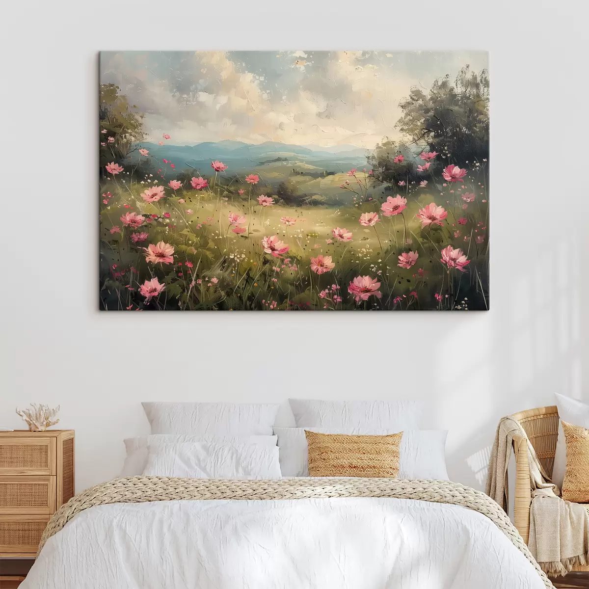 Peintures Prairie avec des fleurs roses, herbe verte, paysage naturel, ciel avec nuages, dessin acrylique s40234