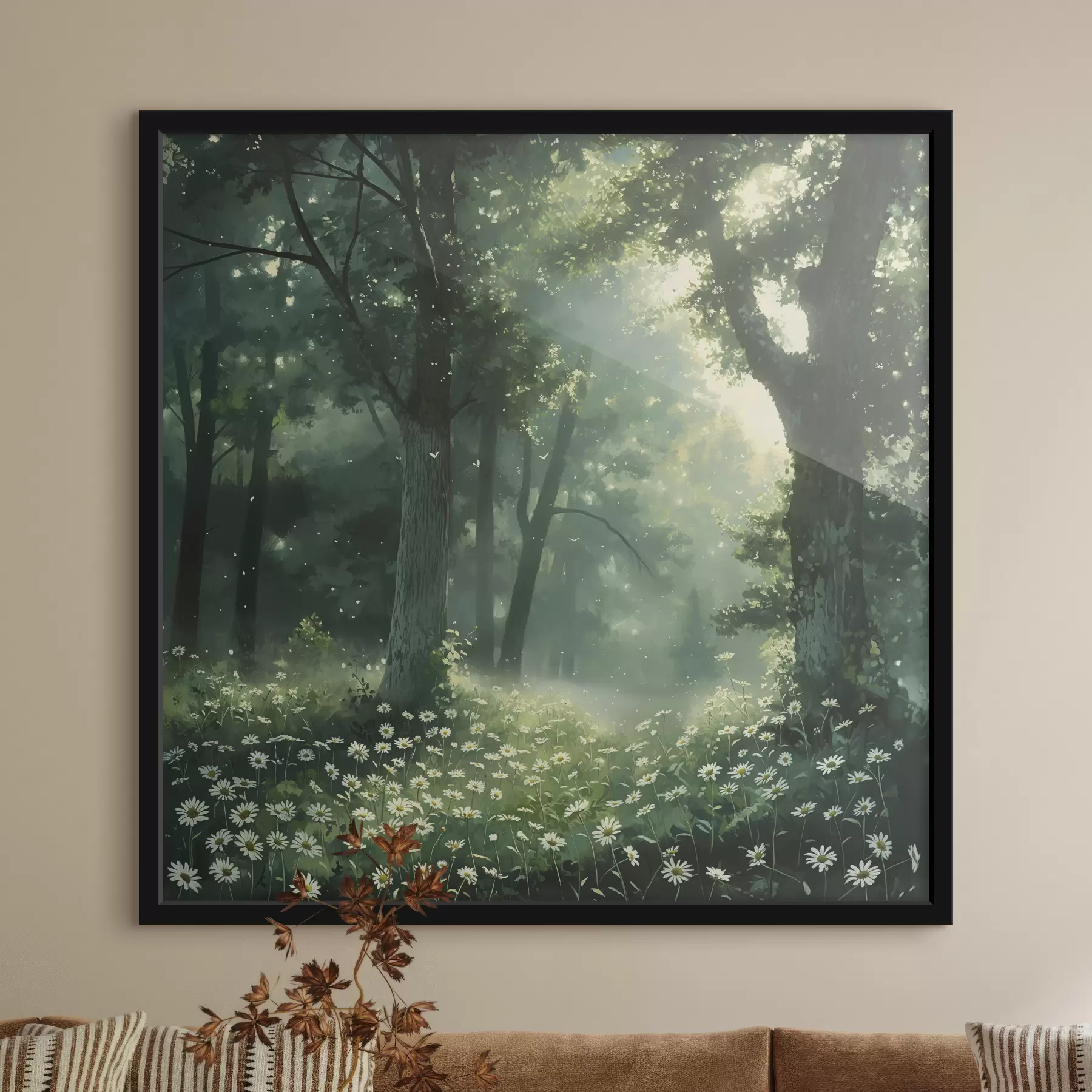 Fotobehang Dicht bos met zonlicht in bomen, kamillebloemen, groen gras, natuur f40224