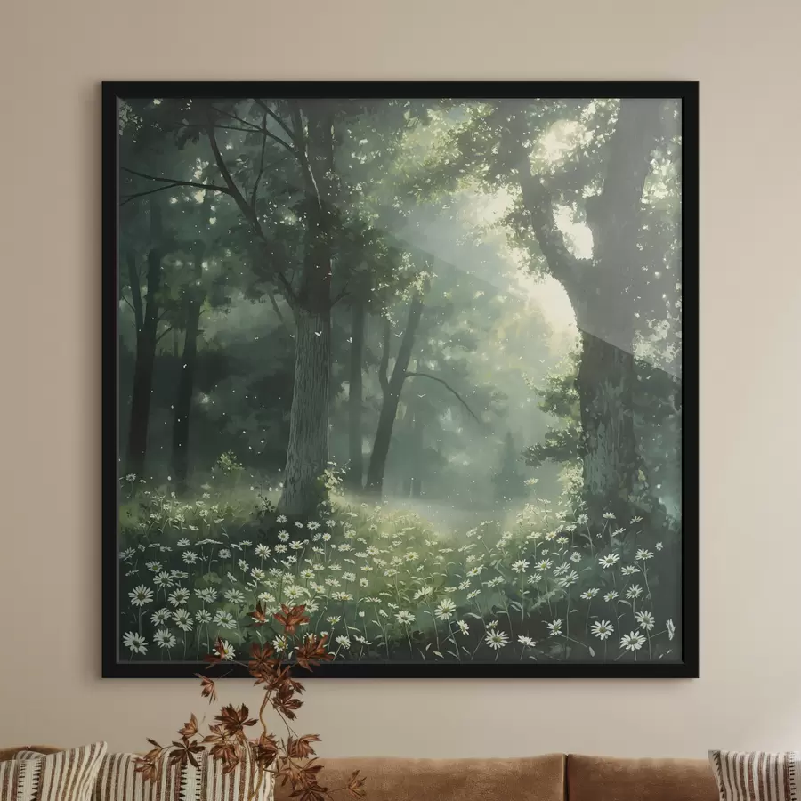 Fotobehang Dicht bos met zonlicht in bomen, kamillebloemen, groen gras, natuur f40224