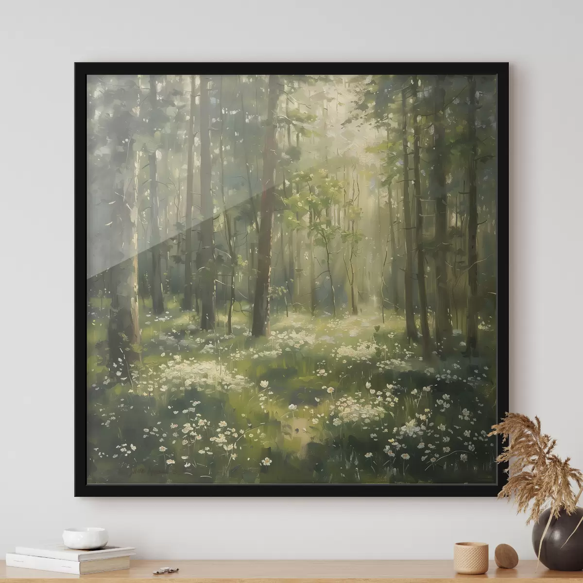 Poster Bos met zonlicht in de bomen, kamillebloemen, groen gras, acryltekening f40226