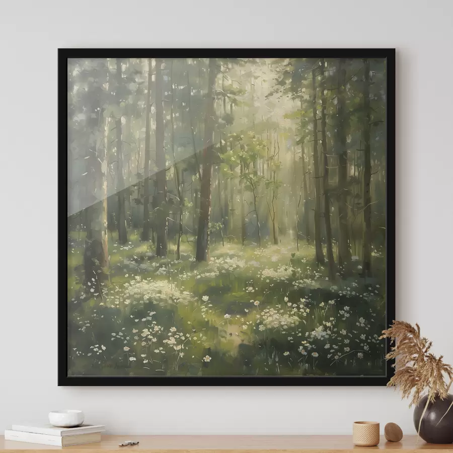 Fotobehang Bos met zonlicht in de bomen, kamillebloemen, groen gras, acryltekening f40226