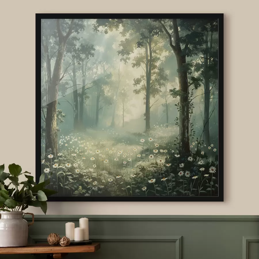 Fotobehang Bos met zacht zonlicht, kamillebloemen, bomen, groen gras, acryltekening f40228