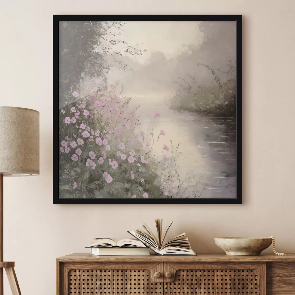 Poster Meer met roze bloemen, zonsopgang, olieverftekening, pastelbeige kleuren, mist f40229