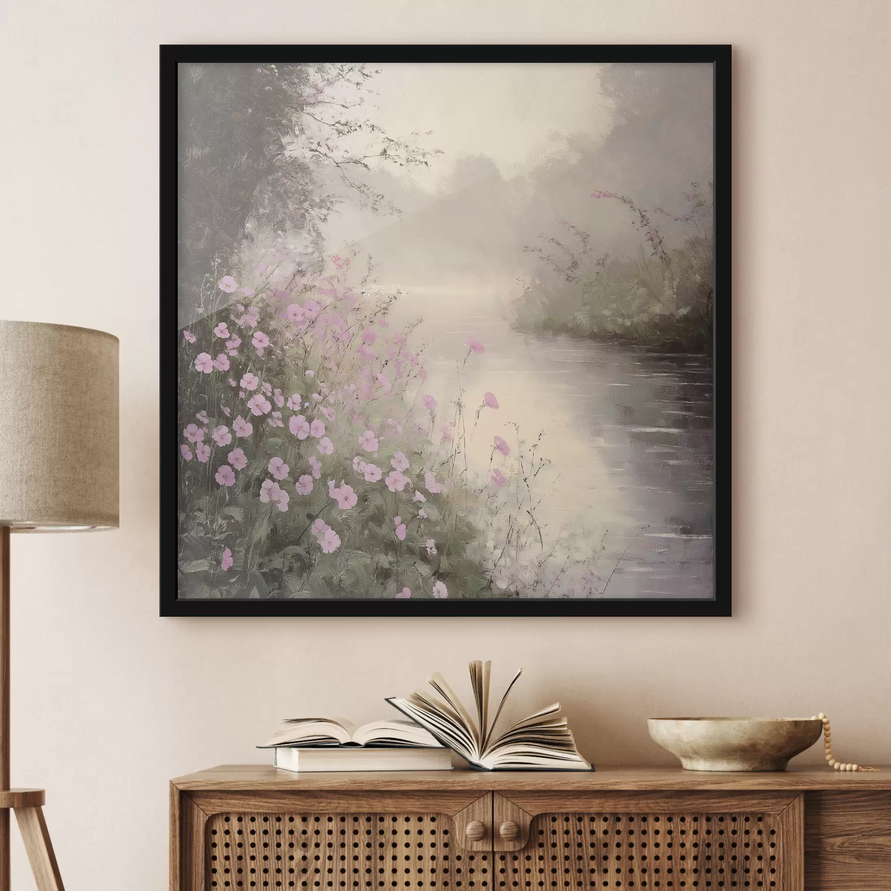 Fotobehang Meer met roze bloemen, zonsopgang, olieverftekening, pastelbeige kleuren, mist f40229