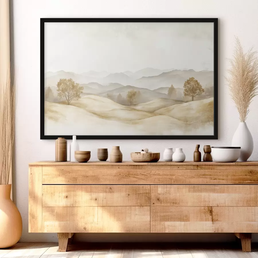 Papier peint photo Paysage naturel dans une palette de couleurs beige, prairie, arbres, dessin à l'aquarelle f40231