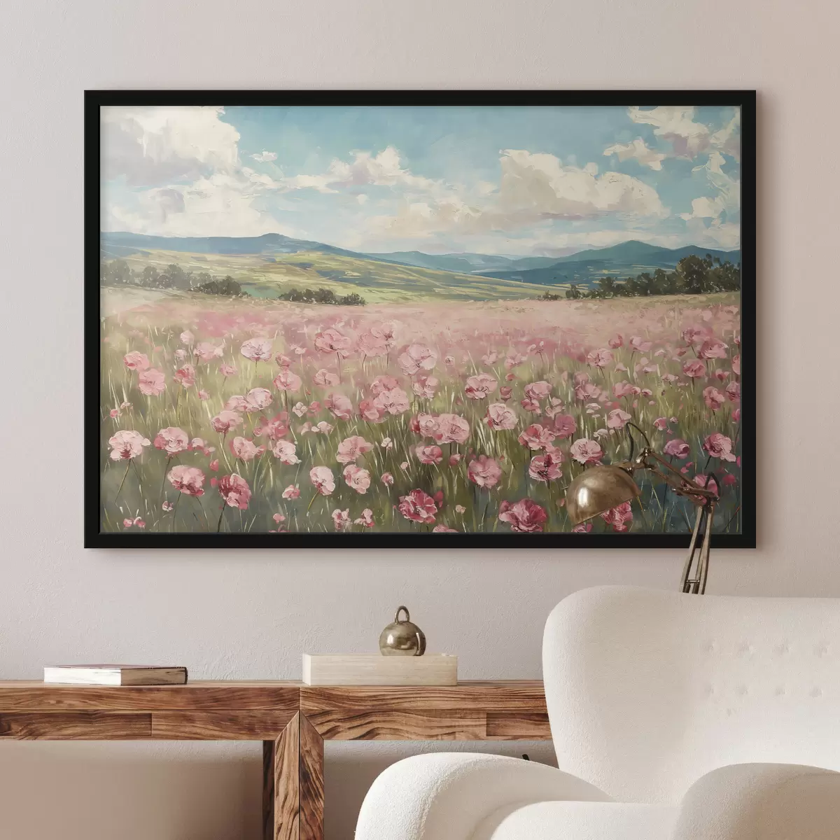 Poster Weide met roze bloemen, bergen, natuurlandschap, blauwe lucht met wolken, acryl f40232