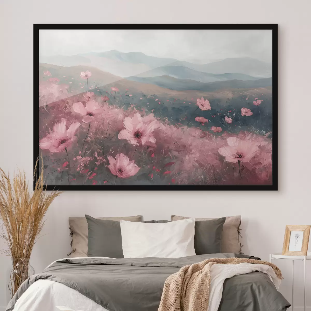 Affiche Fleurs roses dans le pré, paysage naturel, montagnes, peinture à l'huile, coups de pinceau vifs f40233