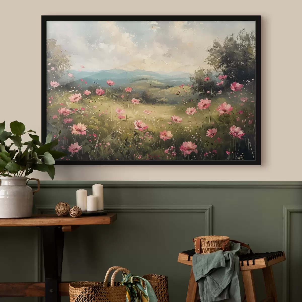Poster Weide met roze bloemen, groen gras, natuurlandschap, lucht met wolken, acryltekening f40234